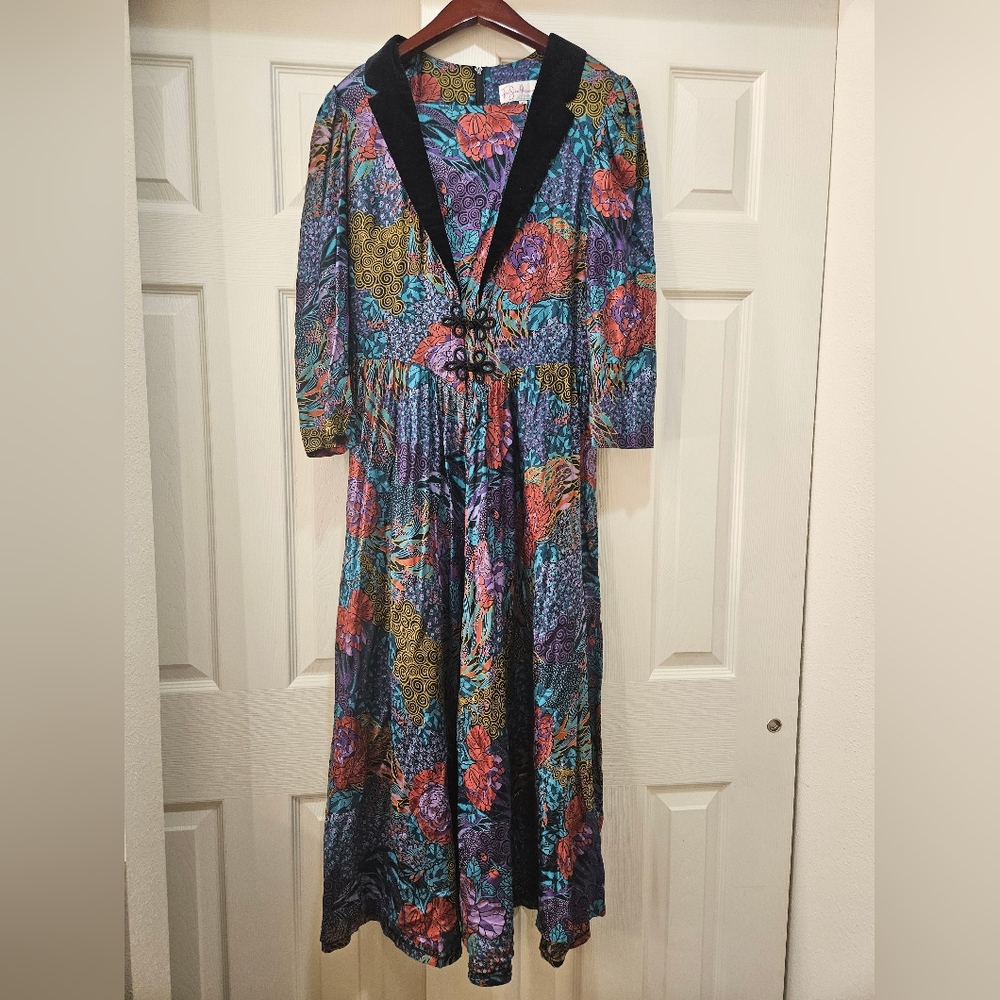 RARE Vintage Jane Schaffhausen Belle France Women's Velvety Floral Prairie Dress